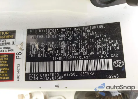 2014 Toyota Camry Le из США, поврежденный, VIN 4T4BF1FK9ER405491